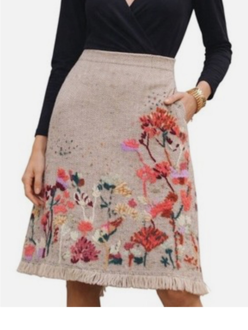Floral Embroidered Beige A-Line Skirt Anthropologie Sleeping On Snow
